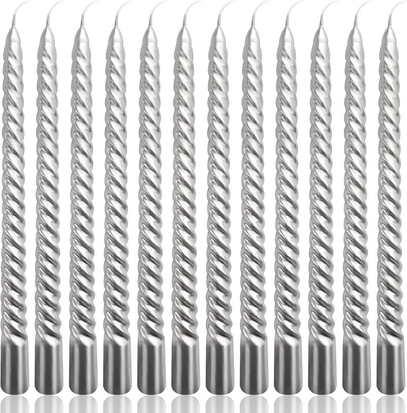 Peytanger 10 Inch Silver Spiral Taper Candles Set for Holiday Decor, 12 Pack Unscented Twisted Candlesticks, Dripelss Thin Tapered Candles for Wedding Dinner Parties Galas Award Ceremonies Religious - Image 1